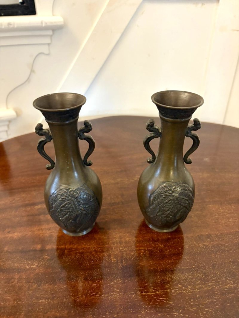 Pair of Antique Japanese Quality Meiji Bronze Vases